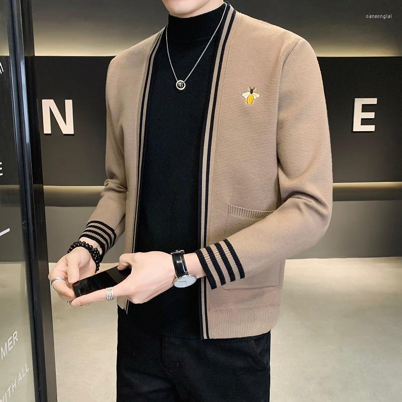 

Men's Sweaters 2022 Elegant Knitted Cardigan Bee Embroidered Spring Mens Clothing Khaki British Style Slim Fit Sweater Gentleman Korean, Black