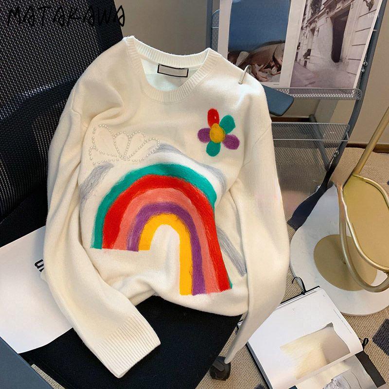 

Women's Sweaters Matakawa Japan Style Print Pull Femme Beading Rainbow Embroidered Vintage Women Autumn Winter Kawaii Sueter Mujer, White