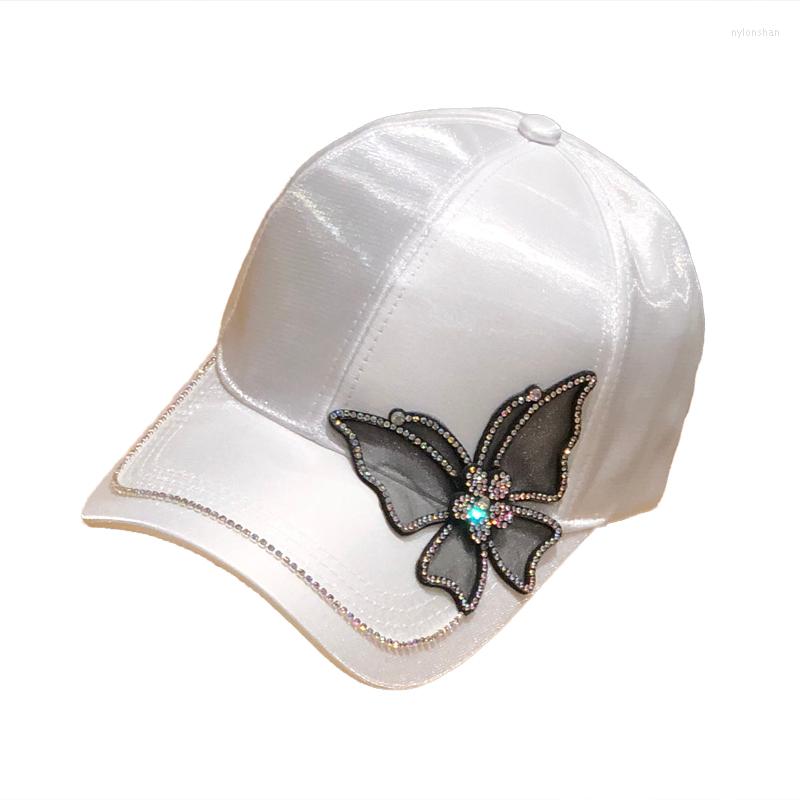 

Ball Caps Women Men 6 Panels Butterfly Smooth Plain Satin Shining Baseball, White