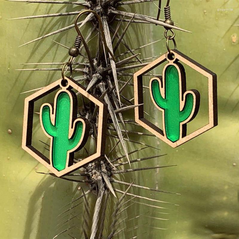 

Dangle Earrings Cactus Plant Jewelry Green Succulent In Hexagon Silhouette Desert Tropical Summer Trend Botanica G49V-V-5