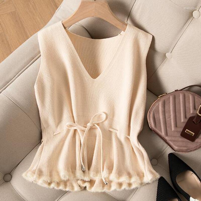 

Women's Vests Spring Autumn Women Gilet Cashmere V-neck Pullover Solid Knit Vest Sleeveless Drawstring Waist Korean Soft Coat, Red