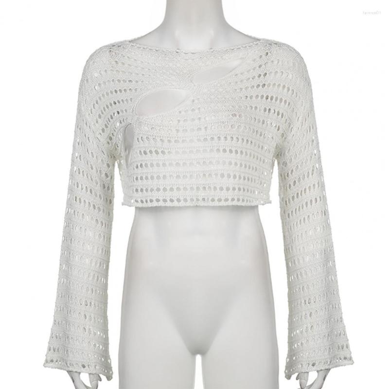 

Women's Blouses Skin-Touch Trendy See-Through Hollow Out Knitted Top Breathable Cropped Flare Long Sleeve Streetwear, Khaki