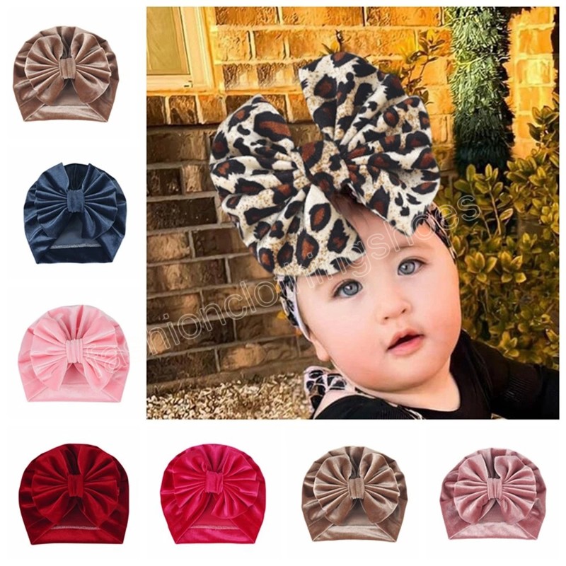 

Baby Girls Flannel Big Bow Knot Hat Kids Soft Turban Caps Children Leopard Beanies Photo Props Gifts Hair Accessories, Mixed color