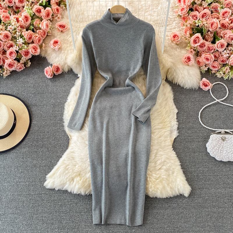 

Casual Dresses Autumn And Winter Knitted Dress Fashion Chic High Neck Slim Solid Color Women's Elastic Bottoming, Gray