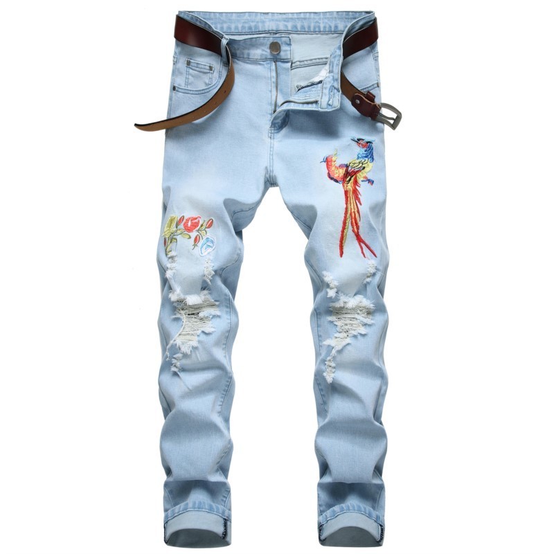 

Men's Jeans Fashion Personality Ripped Jeans Denim Pants Men Embroidery Flower Hole Jeans Trend Retro Beggar Feet Trousers 221008, Light blue