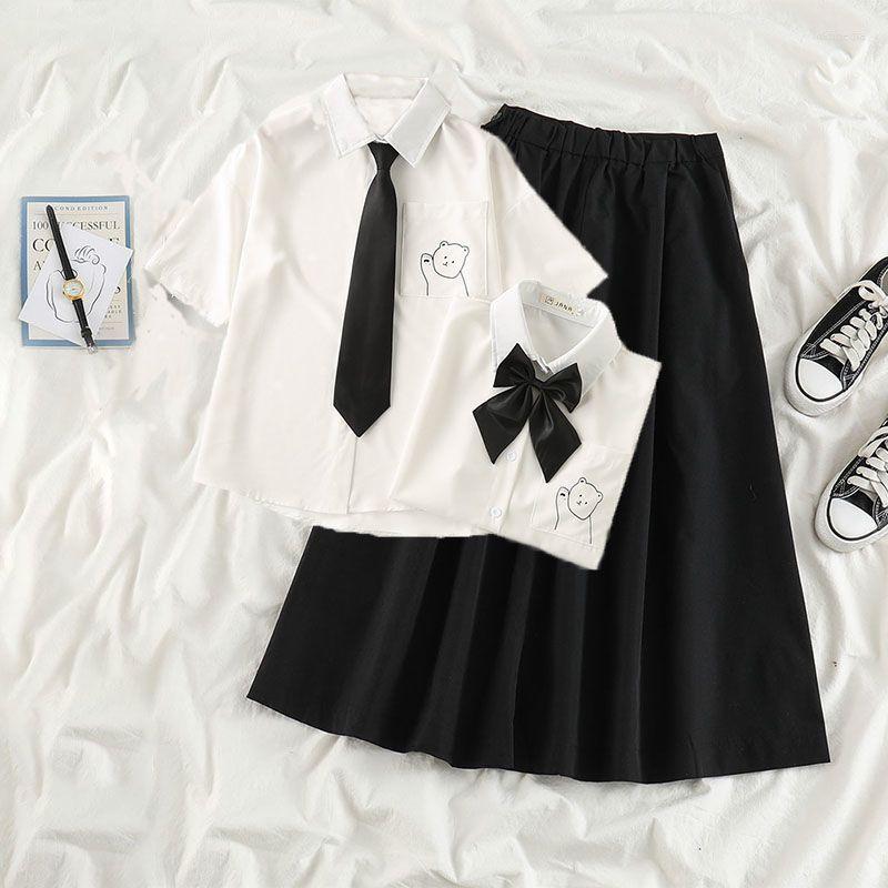 

Work Dresses 2022 Summer Skirt Suits For Women Student Korean Loose Bear Print Short-sleeved Blouse A-line Two-piece Preppy Lovely, 2 pis green bowknot