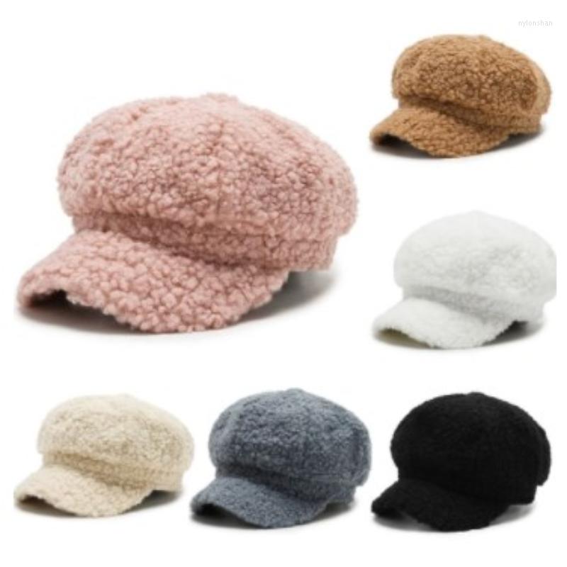 

Ball Caps Fashion Winter Women Lambswool Octagonal Hats Thickening Beret With Brim Autumn Female Casual Keep Warm Peaked, White