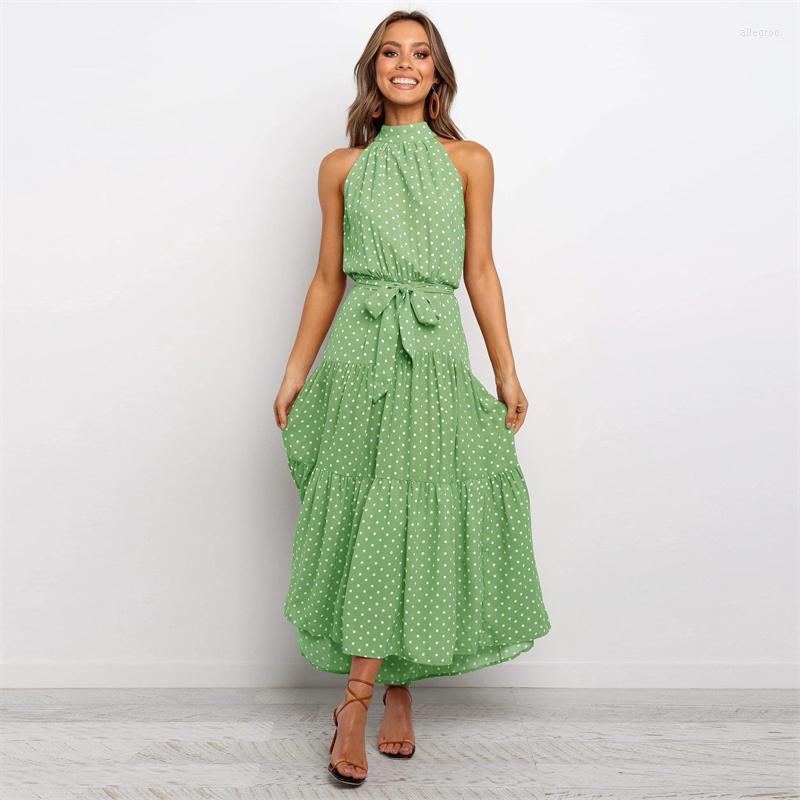 

Casual Dresses 2022 Summer Long Polka Dot Black Sexy Halter Strapless Yellow Sundress Vacation Clothes For Women Dress, B4