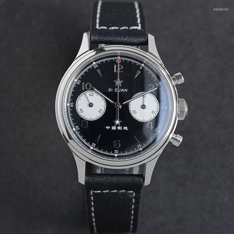 

Wristwatches Men's Luminous Chronograph Watch Sapphire Mechanical Manual 50M Waterproof 1963 Seagull Movement Men Watches Retro Leather, 38 black