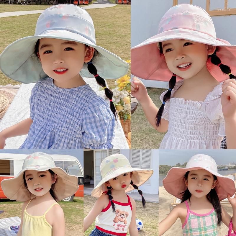 

Hats Kids Wide Brim Beach Hat With Bow Cartoon Embroidery Empty Top Breathable Sun Visor All-match For Summer Camping, Blue