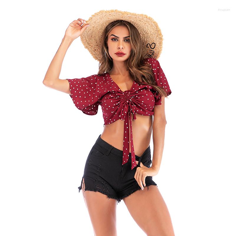 

Women' Blouses Fashion Bat Sleeve Short Blouse Women Open-Noire Pleated Polka Dot Tops And 2022 Casual Summer V-neck Chiffon Shirt, Picture shown