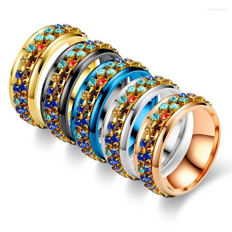 

Wedding Rings 1PC Decompression Series Jewelry 8mm Wide Colorful Stainless Steel Inlaid Rhinestones Chain Rotatable Ring