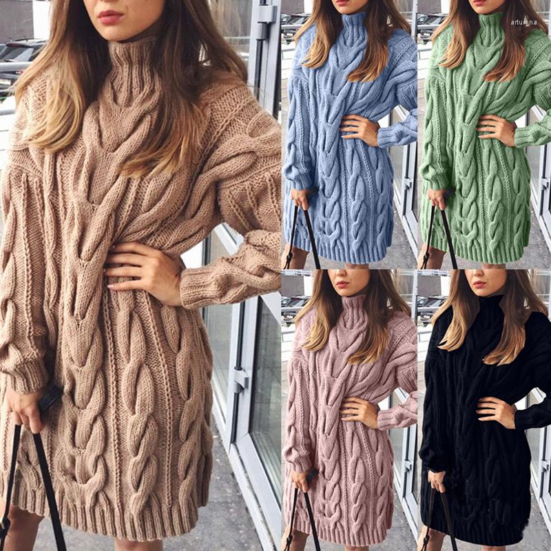 

Casual Dresses Twist Sweater Dress Women High Colar Long Sleeve Knitted Mini Autumn Winter Oversize Sweaters Invierno Mujer, Black