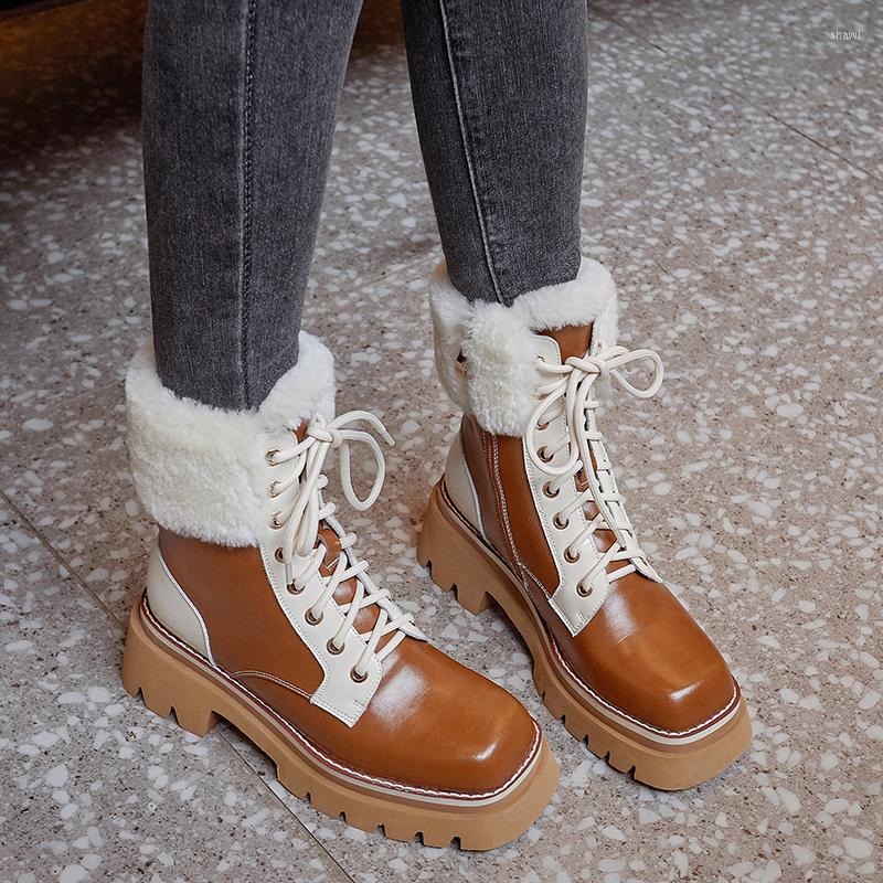 

Boots 2022 Genuine Leather Snow Square High Heel Lace Up Platform Ankle Round Toe Winter Thick Fur Warm Women, 2 black