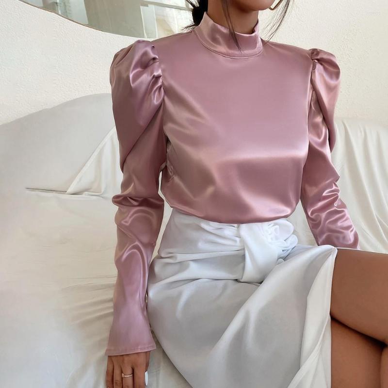 

Women's T Shirts Satin Puff Sleeve Women's Blouse Pleated Half High Collar Button Female Blouses 2022 Spring Soft Fashion Casual Tops, Lotus color