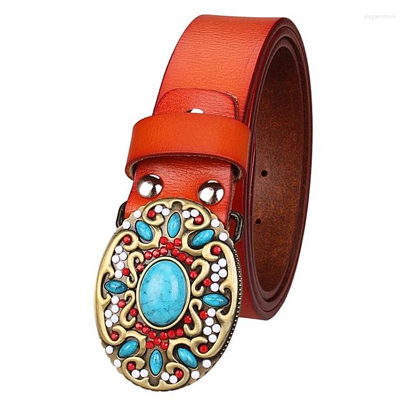 

Belts Women Belt Genuine Leather Cowskin Gem Turquoise Pattern Arabesque Retro Woman Decorative Lady, Black