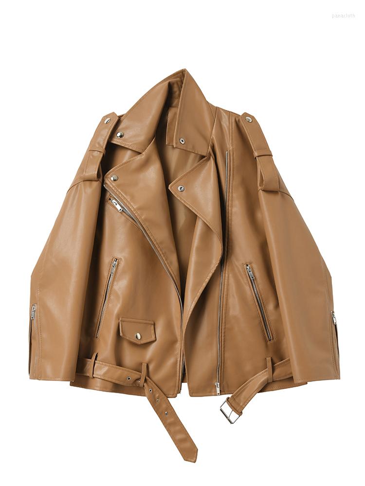 

Women' Leather Spring And Autumn Faux Jackets Loose Casual Women' Drop Shoulder Motorcycle Belted, Beige