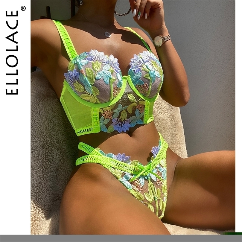 

Sexy Set Ellolace Bright Lingerie Floral Female Underwear Fine Set Woman 2 Pieces Thongs Transparent Fancy Luxury Lace Neon Intimate 221010, Neon green