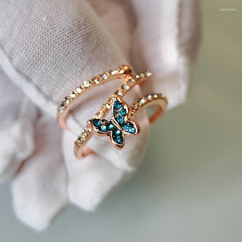 

Wedding Rings Rose Ring Charm Bttuerfly Size 6-10 Gold Color Blue Filled Women
