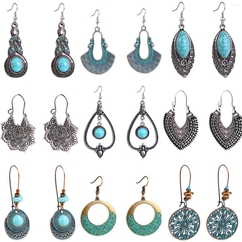 

Dangle Earrings Bohemia Vintage Metal Dnagle Antique Silver Color Green Blue Drop For Women Boho Jewelry Accessories 1 Pair