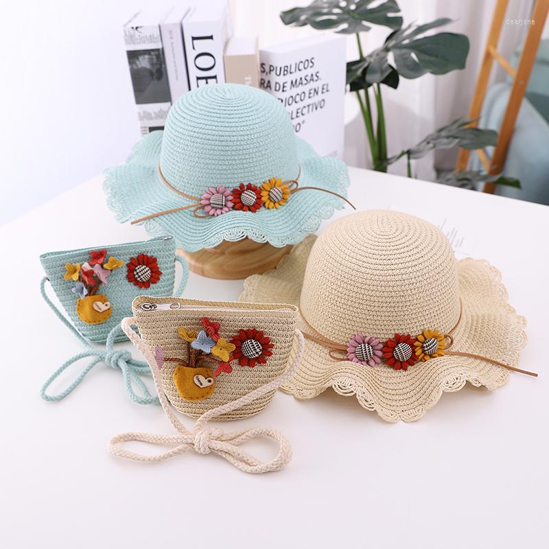 

Hats Summer Child Straw Hat And Handbag Set Outdoor Kids Holiday Sun Girls Baby Cute Sweet Flowers Beach Cap Gorros, Khaki hat