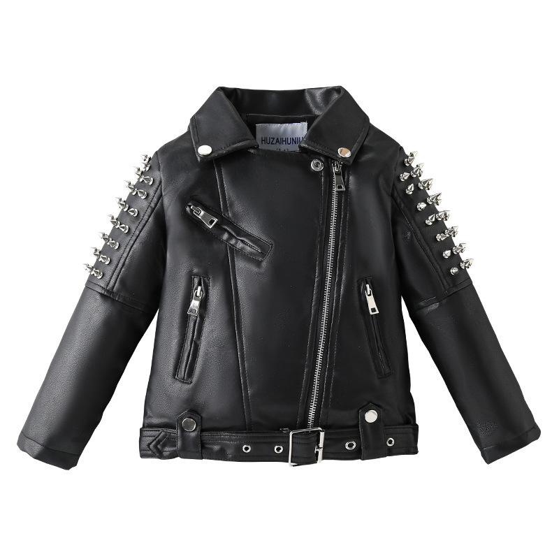 

Jackets Handsome Children s Performance Leather Rivet Motorcycle Jacket Autumn Korean Boys Girls Fashion Zipper Coats 221010, Black