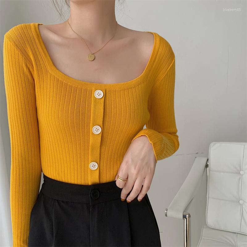 

Women's Sweaters Square Collar Sweater Women Slim Knitted Womens Long Sleeve Top Elasticity Button Pullover Mujer Invierno 2022, Green