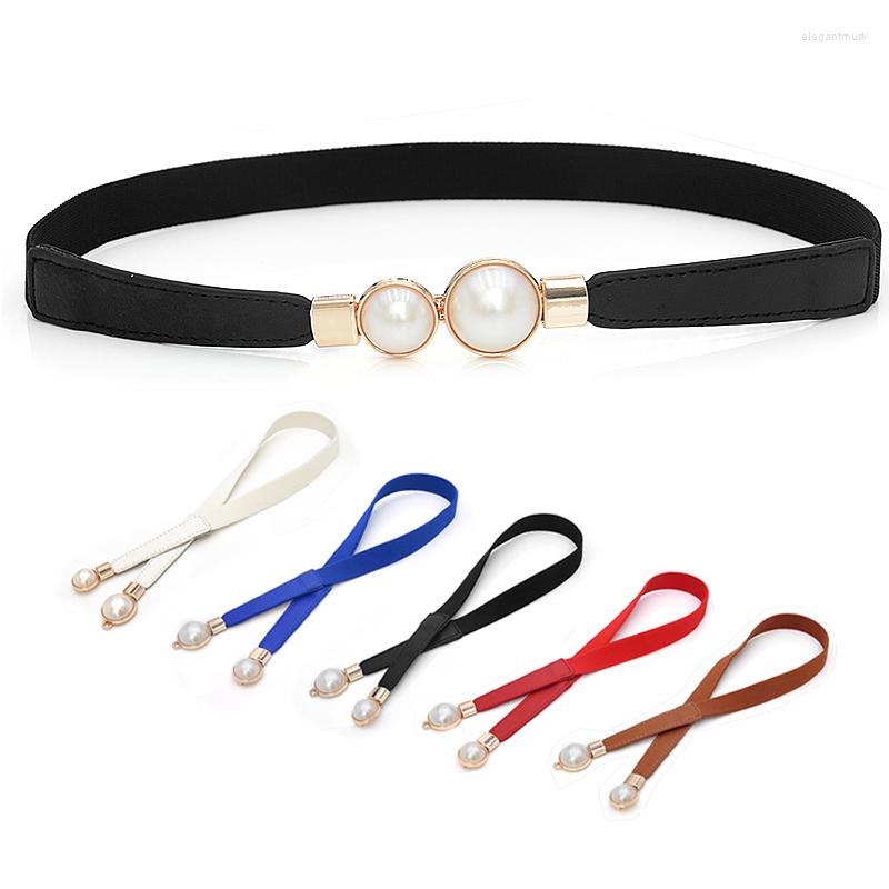 

Belts Women Double Pearl Belt PU Leather Dress Skirt Waist Elastic Thin Ladies Waistband Decorate Shirt Chain, White