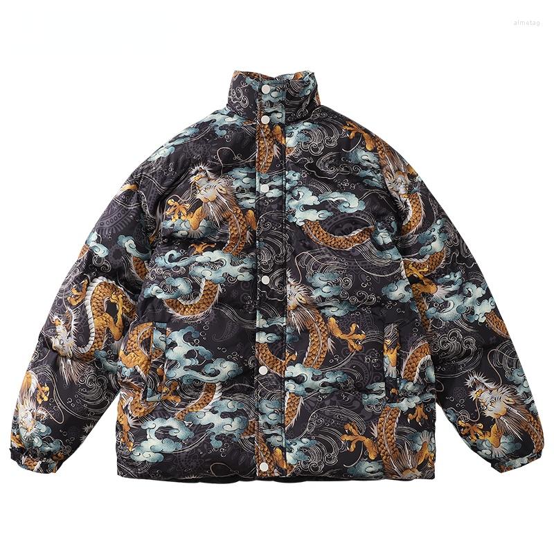 

Men's Down Men Winter Thicken Warm Padded Jackets Hip Hop Chinese Dragon Printed Streetwear Harajuku Casual Cotton Coats Outerwear, Black