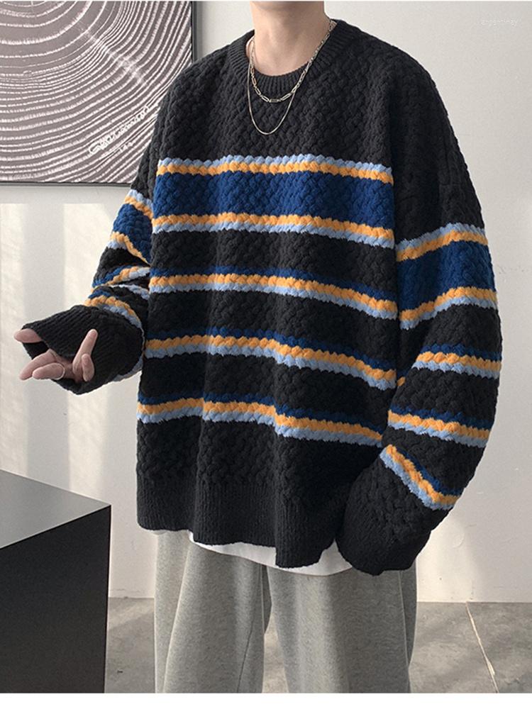 

Men's Sweaters Round Men's Collar Sweater Autumn Winter Fashion Striped Woven Korean Trendy Casual Vintage Pullover Tops 2A0278, Black
