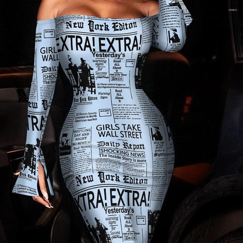 

Casual Dresses Women' Autumn Fashion Print Letter Word Collar Sexy Waist Bag Hip Ladies Horn Long Sleeve One Step Dress2022 Robe Femme, Blue