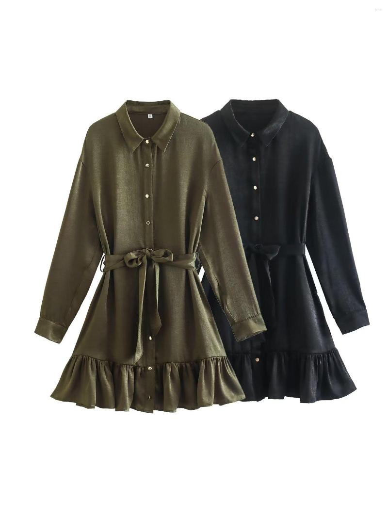

Casual Dresses Women Army Green Long Sleeve Shirt Dress With Belt Spring Autumn Single Breasted Ruffles Hem Birthday, Black