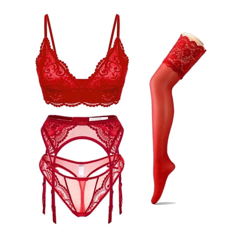 

Sexy Set Varmiss 4pcsset Womens Fashion Lace Set Sexy Lingerie Wireless Deep V Bra Lingerie Sexy Bra Gstring Garter And Stockings Set 221010, Chinese red