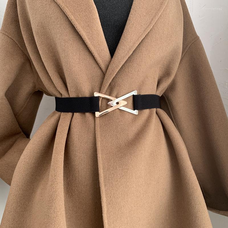 

Belts 2022 Designer Women Fashion Metal Triangle Buckle Decoration Belt Ladies Elastic Waistband For Wedding Dress Overcoat, Beige