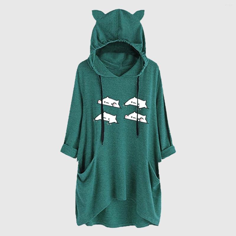 

Women' Sweaters Women' Ear Hat Mid-length Pullovers Mid-sleeve Cute Printed Hooded Loose Pocket Top Bluzy Damskie #G3, Ye