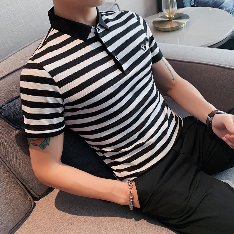 

Men's Polos 2022 Summer Fashion Men Polo Shirt Casual Thin Turn-down Collar Tops Male Short-sleeved Stripe Tees Shirts S-4XL, Gray