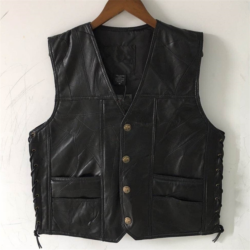 

Men's Vests Men's Leather Stitching V-neck Vest Fashion Sheepskin Single-Breasted Vest 221010, Black