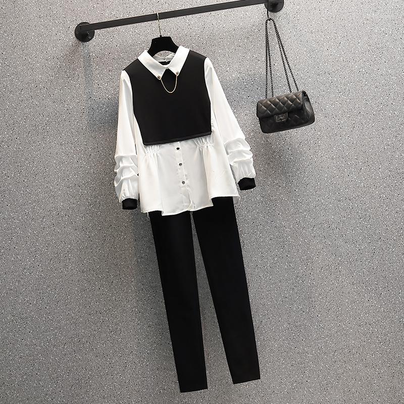 

Women's Two Piece Pants Office Oversized Summer Solid Color Patchwork Shirt And Legging Suits For Women Korean Casual 4XL Sets Womens, Suit