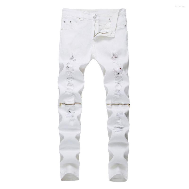 

Men's Pants Fashion 2022 Spring Autumn Distressed Denim White Color Knee Zipper Locomotive Biker Dance Pantalon Homme Jeans Men Hombre