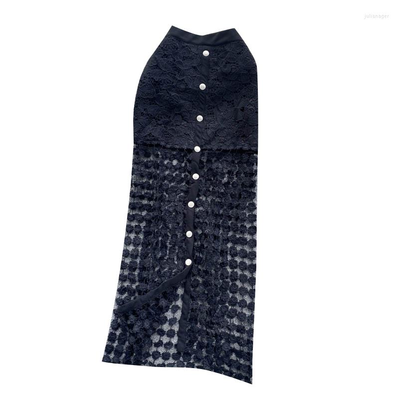 

Skirts 2022 Summer Vintage Lace Hollow Pencil Skirt Women High Waist Single Breasted Ol, Black