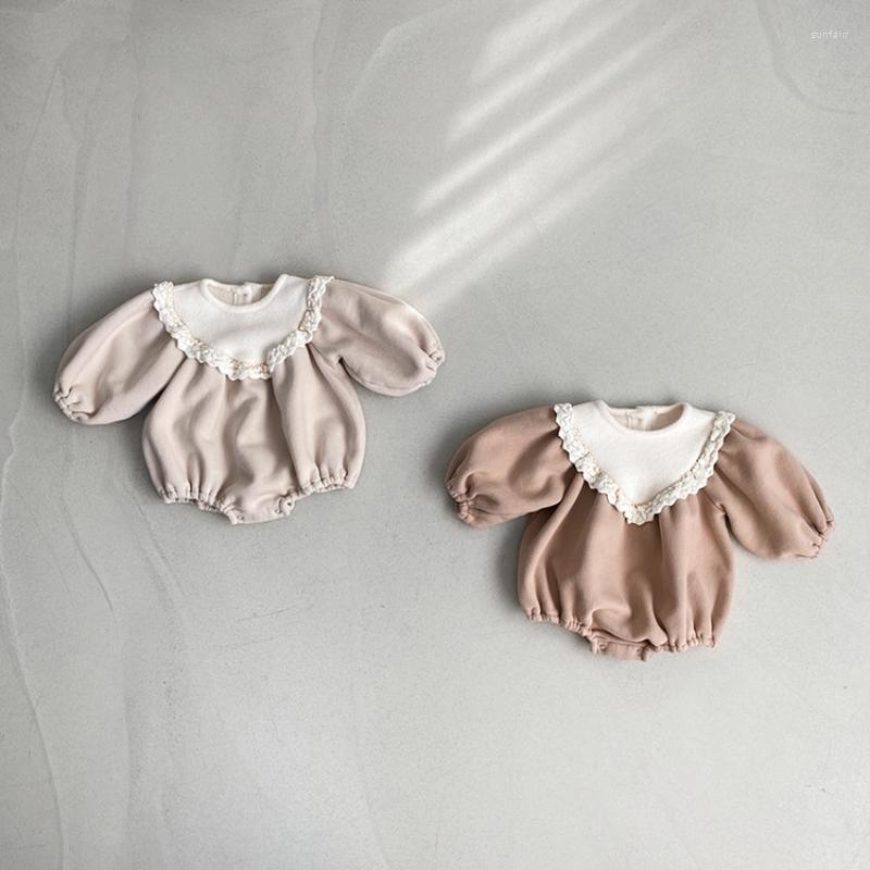 

Jackets 3872C Baby Clothes Bodysuit 2022 Autumn Winter Plus Velvet Girl One Piece Mao Lace Collar Climbing, Camel