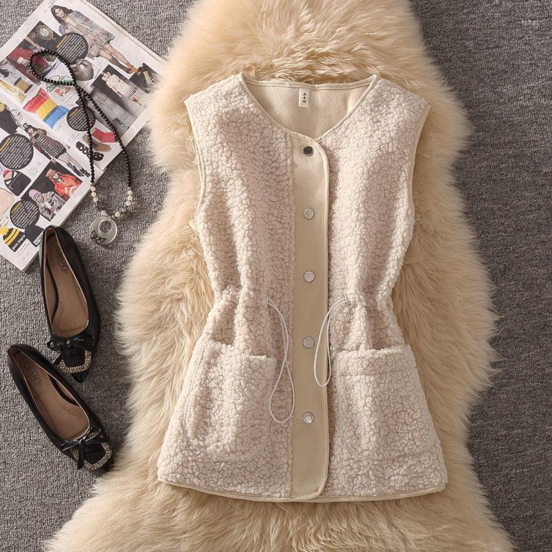 

Women' Vests 2022 Winter Spring Sleeveless Vest Coats Fur Lamb Wool Drawstring Waist Solid Color Casual Jacket Women, White