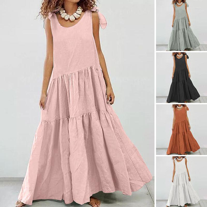 

Casual Dresses 2022 Elegant Sleeveless Summer Dress Women' Tank Sundress O Neck Solid Maxi Vestidos Female Linen Robe Femme 5XL, Style6