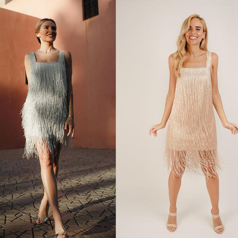 

Casual Dresses 2022 Summer Tassel Sleeveless Short Skirt High Waist Suspender Type Solid Color Temperament Commuter Dress, Gold