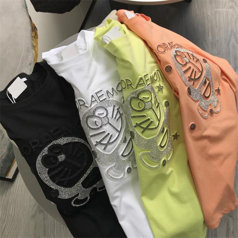 

Women's T Shirts Short-sleeved T-shirt Female Ins Tide Summer Loose Heavy Industry Drilling Cartoon Age-reducing Half-sleeved Clothes, Black