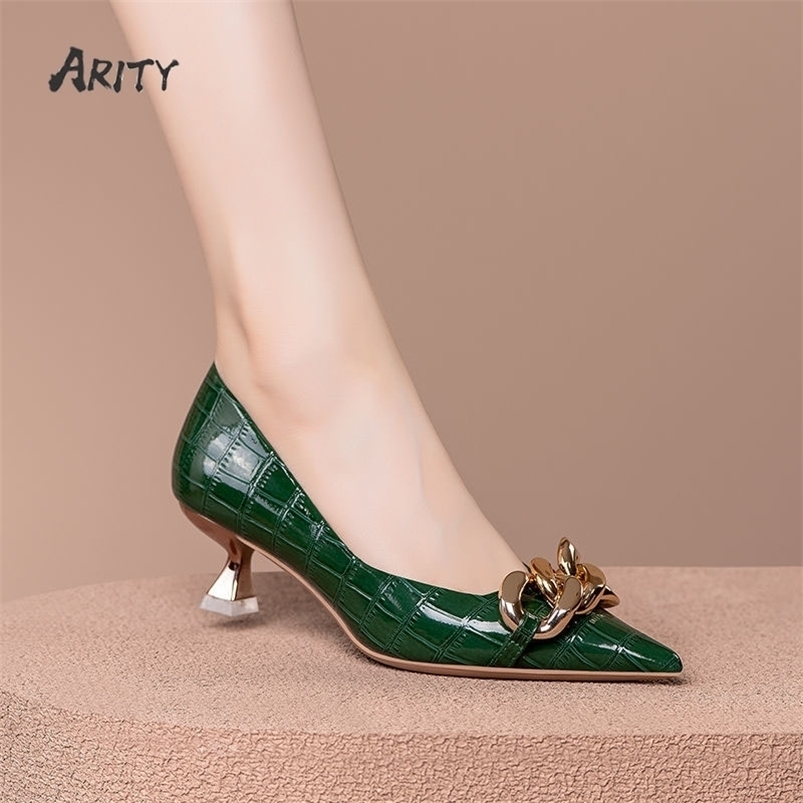 

Dress Shoes Women Pumps Allmatch Low Kitten Heel Pointed Toe Metal Chain Woman OL Black Soft Leather Work 221010, White
