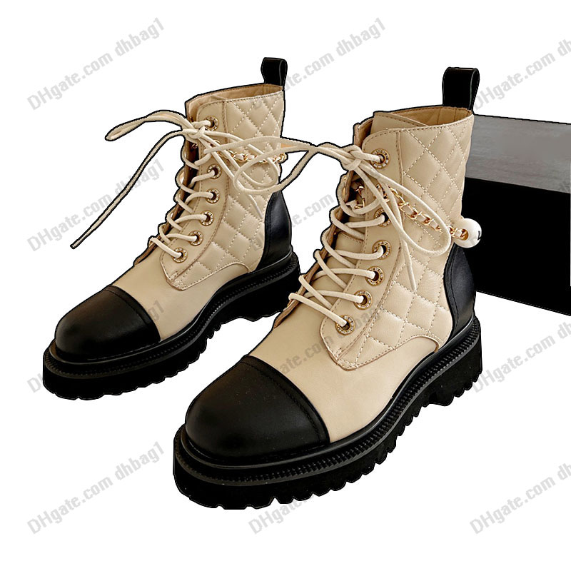 

Sheepskin Womens Ankle Boots Quilted Texture With Chain Lace-up Chunky Heels Faux Pearl 22ss Knight Platform Chelsea Boot e Designer Winter Snow Round Toes Booties, Khaki