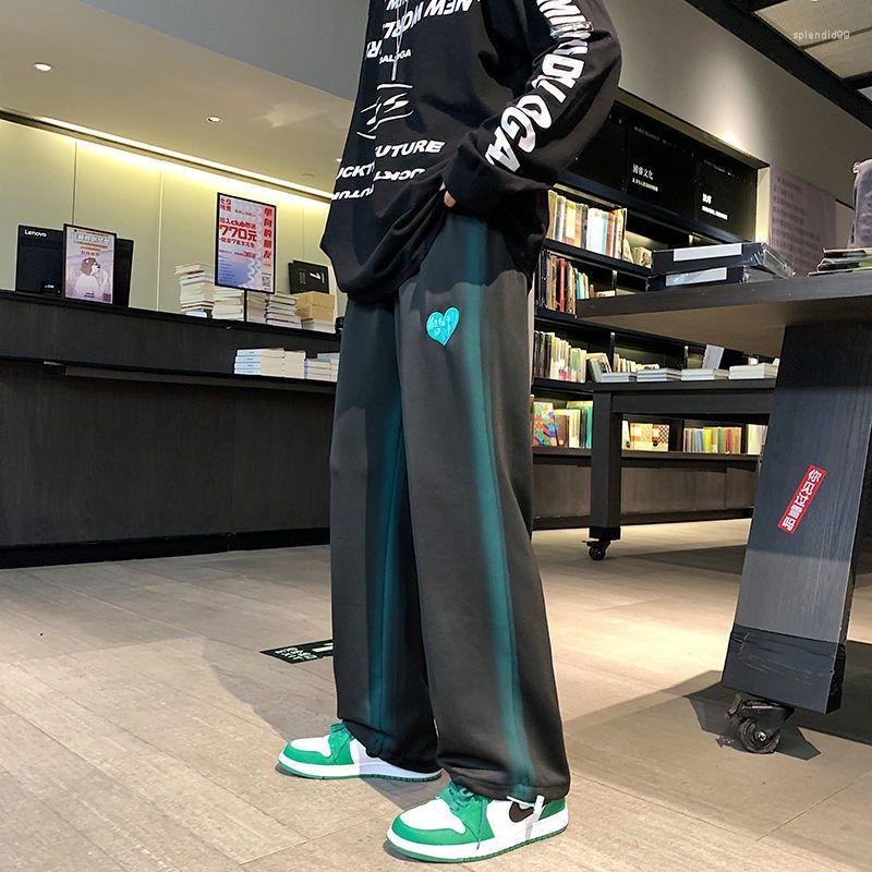 

Men's Pants Sports Men's Hong Kong Style Spring Autumn Love Heart Embroidery Casual Trend Korean Loose Wide-leg Mopping Trousers, Black