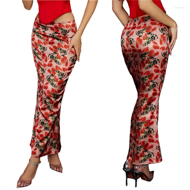 

Skirts Women Spring Summer Casual Skirt Female Mid Waist Floral Printed Slim Fit Long Y2K Vintage Clothing For Ladies Beach Boho