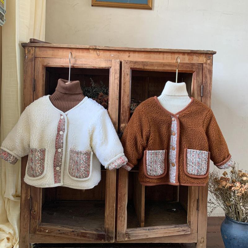 

Jackets 3902E Children Coat 2022 Winter Korean Cute Lambswool Thickened Girls' Color Matching Boy's Jacket Mao, Beige